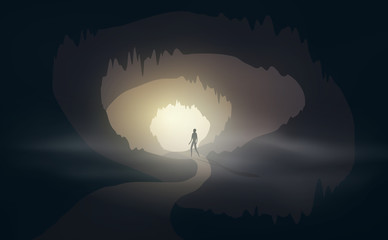 man at cave entrance with mist editable vector