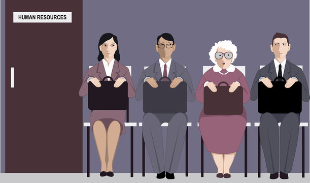 Senior woman sitting in a line for a job interview among much younger applicants, vector illustration, EPS 8