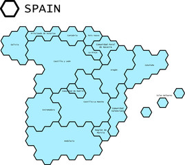 Vereinfachte Vektor Karte von Spanien mit Regionen in hexagonalem Linienmuster