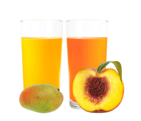 peach and mango juice in the glass isolated on white