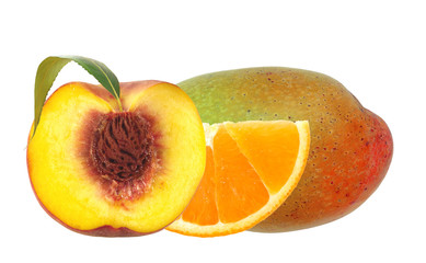 fresh peach; orange and mango fruits isolated on white