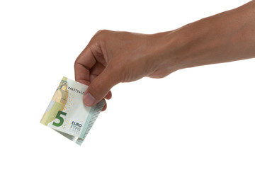 Hand holding out a 5 euro bill