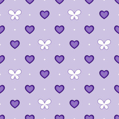 Seamless violet pattern with hearts and butterflies, vector