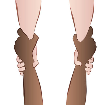 Interracial cooperation - saving hands - rescue grip. Isolated vector illustration on white background.