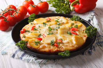 Spanish tortilla with potatoes close-up in a pan. Horizontal
