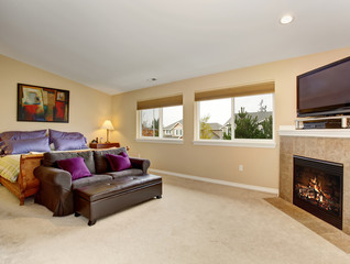 Large bedroom with fireplace and tv.