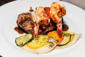 meat in barbecue sauce with shrimp