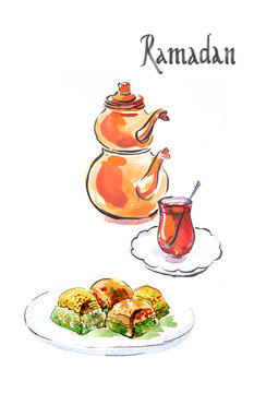 Watercolor Ramadan and turkish tea with turkish baklava