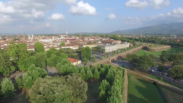 Ancient walls of Lucca, Tuscany. Aerial view from drone
