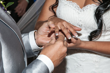 Bride putting a wedding ring on the finger of her groom during a wedding ceremony