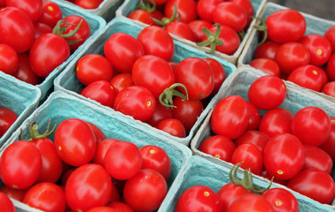 Closeup of Baskets of Cherry Tomatoes at the Farmers' Market
