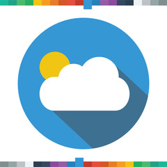 Sun and cloud flat icon in a blue circle with a long shadow.