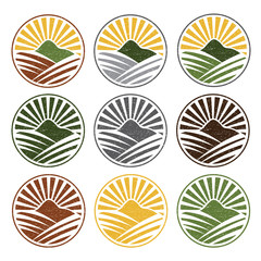 set of vintage grunge labels with sun ,mountains and farm