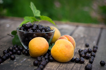 fresh apricots, black currant in a glass bowl transparent scatte