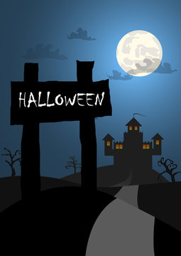 Vector : Halloween background with wood sign and castle backgrou