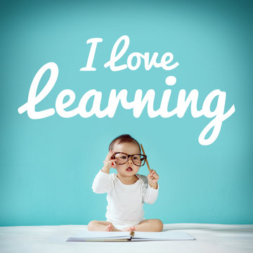 learning, New born and blackboard with "I love learning" on back
