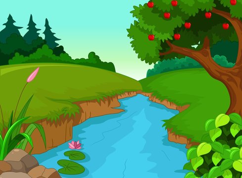 forest with river cartoon 