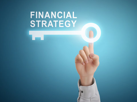 male hand pressing financial strategy key button