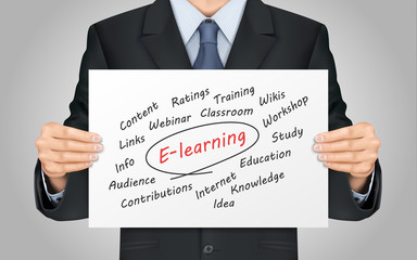 businessman holding E-learning poster