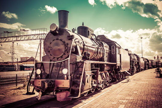 Fototapeta Old steam locomotive, vintage train.