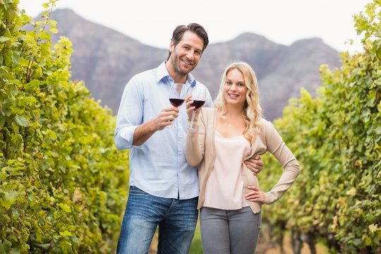 Young happy couple holding a glass of wine and looking at camera