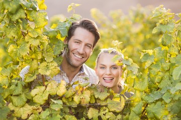 Two young happy vintners looking at camera