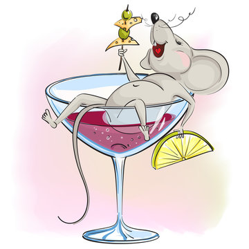Happy cartoon mouse lies in the glass of wine and holding hands