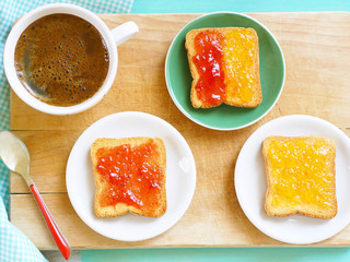 Zwiebacks with jam and cup of coffee for continental breakfast