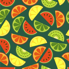 Vector sliced fruits seamless pattern. Fresh of watermelon, oran