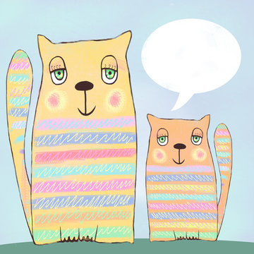 Cute funny cats with speech bubble on blue background. Cartoon illustration of two happy cats, who met on a date, sitting together and communicating, dreaming of something, ate to the full and relax.