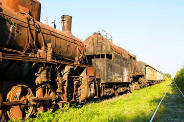 Naklejka premium Old rusty Russian train. Train cemetery.