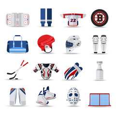 Set of flat ice hockey isolated icons. 