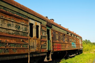 Old rusty Russian train. Train cemetery.