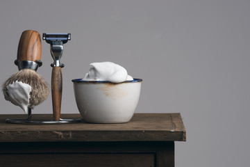 vintage Shaving Equipment on blue wooden Table