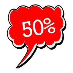 50 percent white stamp text on red Speech Bubble