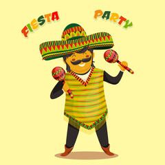 Mexican Fiesta Party Invitation with Mexican man playing the maracas in a sombrero. Hand drawn vector illustration poster. Flyer or greeting card template