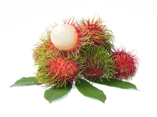 Rambutan with leaves isolated on white background