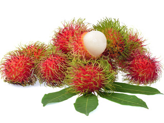 Rambutan with leaves isolated on white background