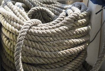 Fototapeta na wymiar Hank of a rough rope onboard a schooner