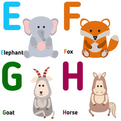 Cute zoo alphabet in vector. E, f, g, h