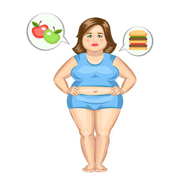 The fat girl with hamburger and apples. Vector illustration.