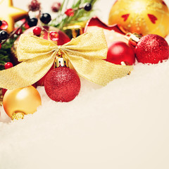 Christmas Background. Xmas Red Ball Decoration on White Snow. Ch
