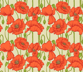 Big seamless pattern of red poppies