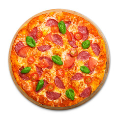 Delicious pizza with salami and cherry tomatoes