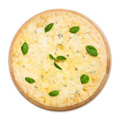 Delicious four cheese pizza with basil leaves