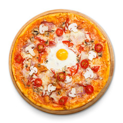 Delicious pizza with mushrooms, bacon and egg