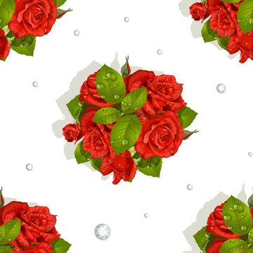 Seamless pattern of a romantic bouquet of red roses and diamonds