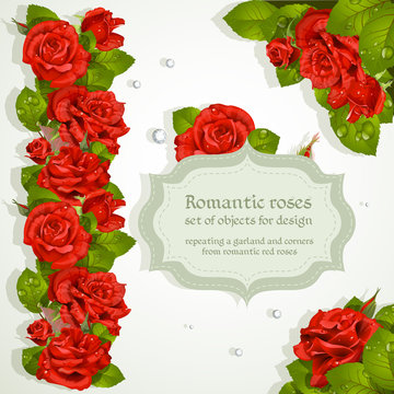 Corners and repeating a garland for design from red romantic ros