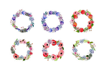 Watercolor flowers wreath set