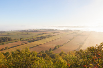 View of rural morning landscape in fog